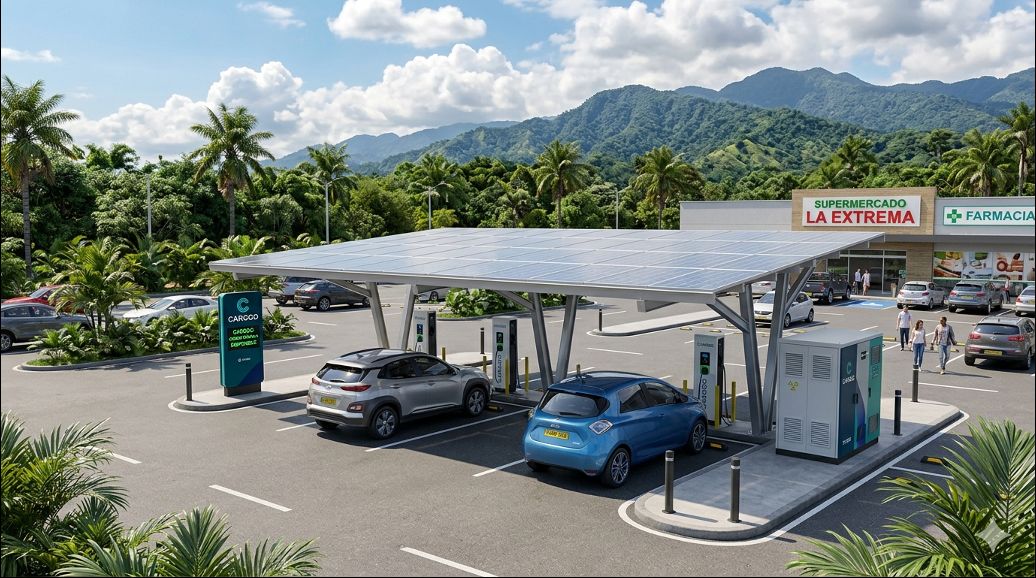 Estación CARGGO de carga de destino en el parqueadero de un supermercado y una farmacia: cubierta solar, cargadores y tótem de marca, con vehículos cargando mientras los conductores hacen sus diligencias.