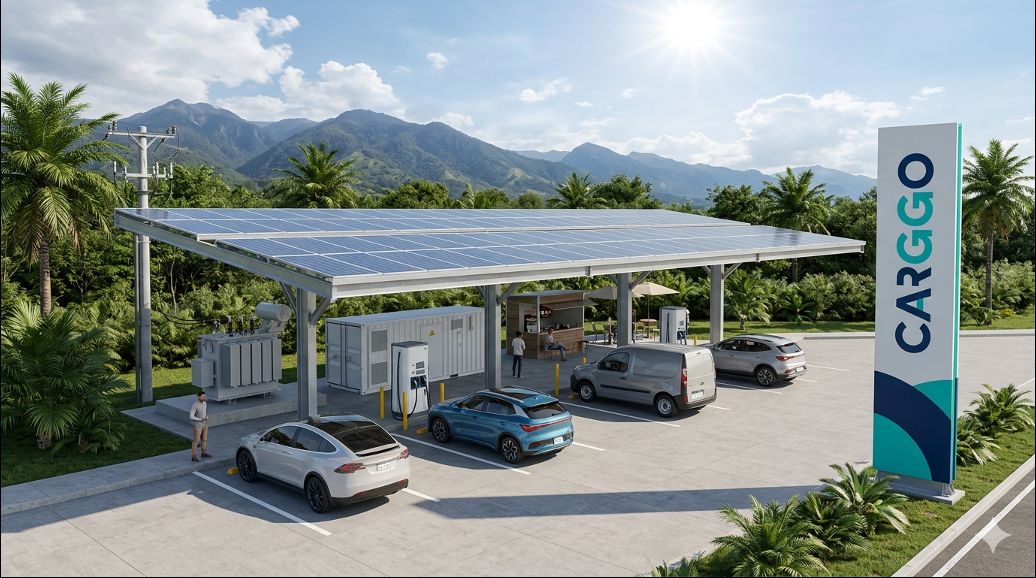Estación CARGGO de carga rápida en corredor: cubierta solar sobre las bahías, cargador DC, contenedor de almacenamiento, transformador de media tensión y un punto de café para la espera.